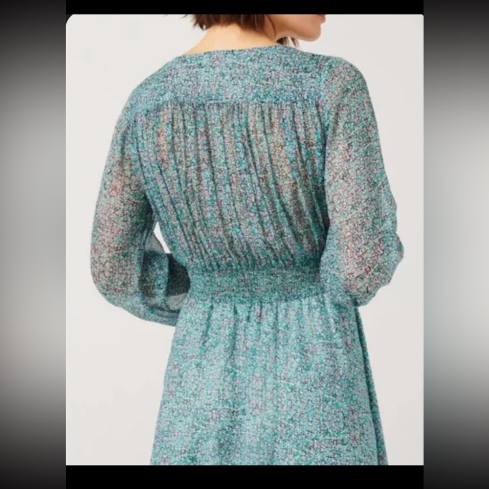 7 For All Mankind - Short Teal Floral Long Sleeve Midi Dress - Picture 2 of 8